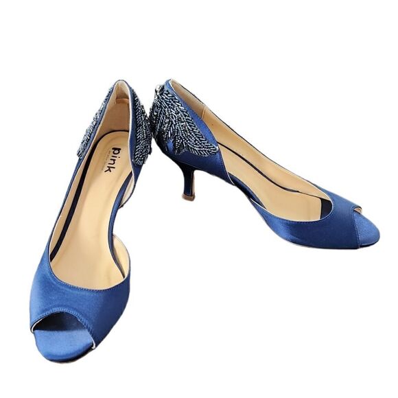 Paradox London Pink Blue Satin Embellished Beaded Peep Toe Heels - Picture 2 of 10
